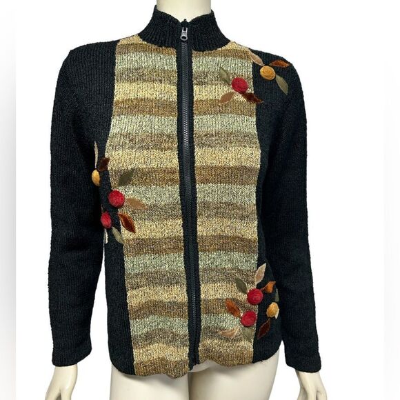 Vintage  Hand Loomed South Cotton Zip Up Sweater Flowers Striped Floral Jumper - Picture 1 of 6